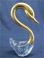 Art Glass Swan Figurine with Brass Neck and Head
