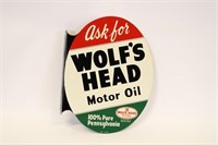 Tin Wolf's Head Motor Oil Flange Sign