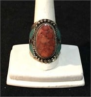 Lg. Silver and Turqoise, Coral Ring