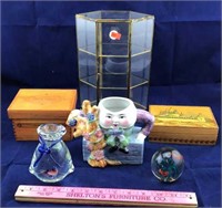 2 Glass Paperweights and Curio Cabinet and More