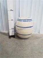 Barrel shape crock with blue stripes