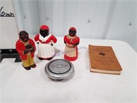 Salt and pepper shakers, bell, book, chevy emblem