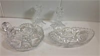 Pair crystal candleholders and crystal dishes