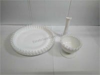 Fluted Milk Glass Cake Plate, bowl and vase