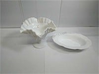 Fluted milk glass dish and milk glass plate