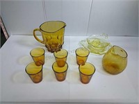 Amber glass pitcher and 6 glasses set, vase, and