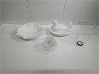 Milk Glass covered chicken, fluted bowl and