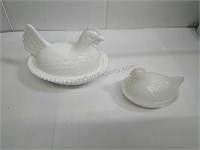 Set of Milk Glass covered chicken candy dishes