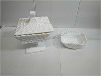Vintage square covered Milk Glass candy dish & bow