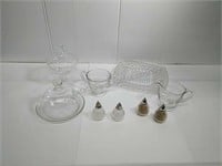 Vintage glass collection with covered butter dish,