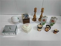 Wooden music box, trinket boxes, candle holders,