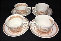 Group Of 4 Brown Transfer Cup & Saucers