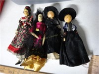 4 Folk Art Dolls, Wood Peg - Molded- Hand Painted-
