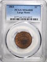 1864 LARGE MOTTO 2 CENT PCGS MS-64 RB