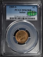 1909-S INDIAN CENT PCGS MS-63 RB CAC