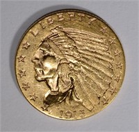1915 $2.50 GOLD INDIAN, AU -CLEANED