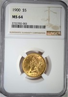 1900 $5.00 GOLD LIBERTY, NGC MS-64