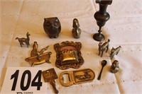 ASSORTED BRASS FIGURINES, MATCH KEEPER AND WALL