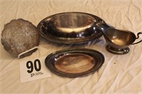 ASSORTED SILVER PIECES GRAVY SERVER, TRAYS AND