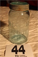 "THE MASON JAR" BLUE GLASS WITH ZINC LID PAT.