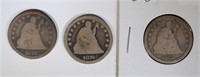 3 SEATED LIBERTY QUARTERS: 1877-CC,