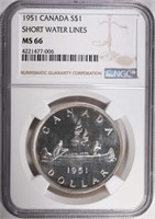 1951 CANADA SILVER DOLLAR, NGC MS-66 RARE!!