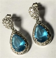 Sterling Silver Earrings, Blue & Clear Stones