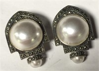 Sterling, Marcasite & Faux Pearl Earrings