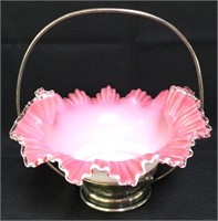 Victorian Cranberry Glass Bride's Basket In Stand