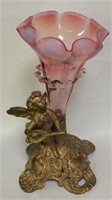 Cranberry Glass Vase With Figural Cherub Base