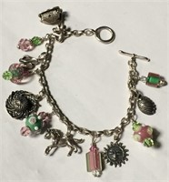 Sterling Silver And Art Glass Charm Bracelet