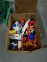 Box of assorted soaps and cleaners