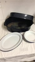 Vintage enamel plates & platter with roasting pan