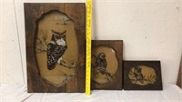 Three wood framed owl artwork pieces