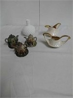 Miniature Price mice teapots, milk glass vase,