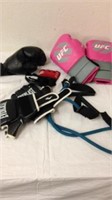 Group of boxing gloves and exercise band