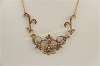 14K GOLD ANTIQUE DESIGN SEED PEARL NECKLACE