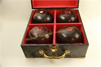 TWO PAIRS LAWN BOWLING BALLS IN ORIGINAL CASE