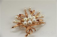 14K YELLOW GOLD CULTURED PEARL AND RUBY BROOCH