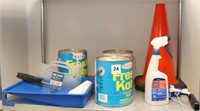 shelf lot of painting supplies, safety cane &