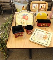 table lot of decorator items & 2 wall flowers