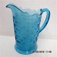 Victorian basket weave blue glass jug 8.5"H