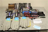 Box of Assorted Pocket Knives & Work Gloves