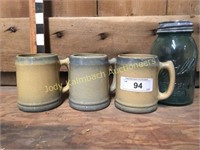 3 old crock mugs