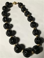 14k Gold And Black Onyx Carved Bead Necklace