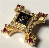 14k Gold Pin / Pendant With Rubies & Pearls