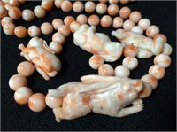 Coral Beaded Necklace With Coral Rabbit Carvings