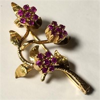 18k Gold And Ruby Floral Design Pin