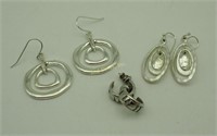3 Pair Silver Dangle Pendant Earrings Ring Lot