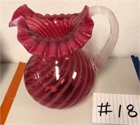 LARGE CRANBERRY OPALESCENT PITCHER REEDED HANDLE